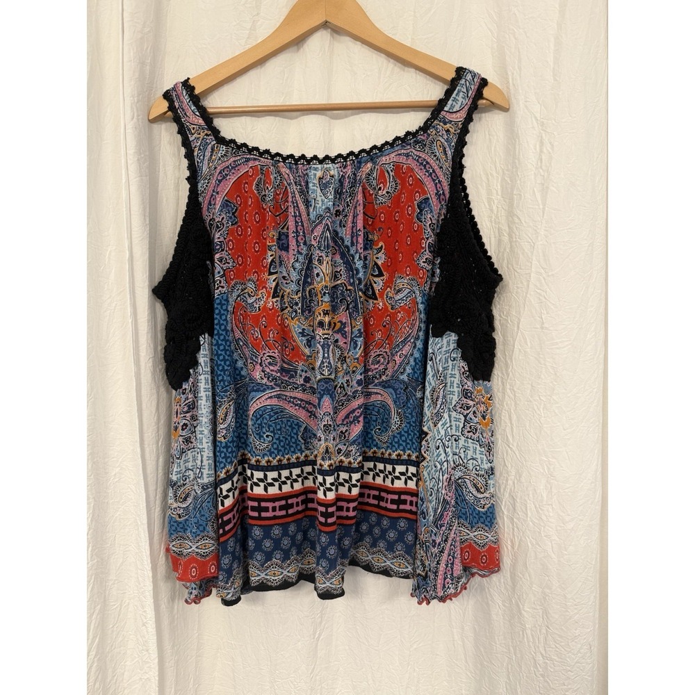 Bila Cold Shoulder Boho Top PXL– Multicolor Paisley Print, Crochet Trim Petite - Picture 3 of 12
